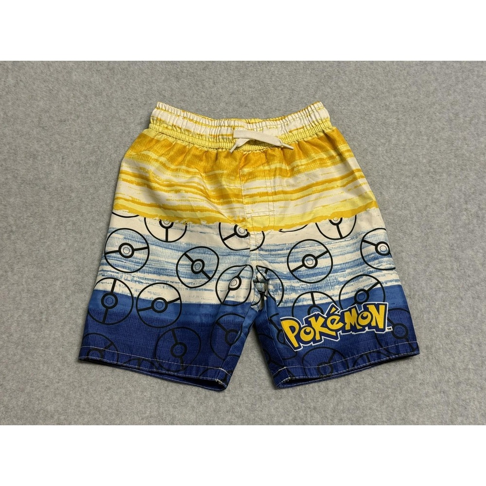 Pokemon Swim Trunks Boys Small Yellow Blue Pokeball Print Mesh Lined Drawstring
